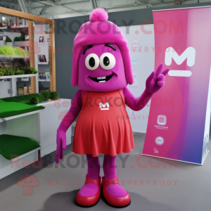 Magenta Aglet mascot costume character dressed with a Midi Dress and Backpacks