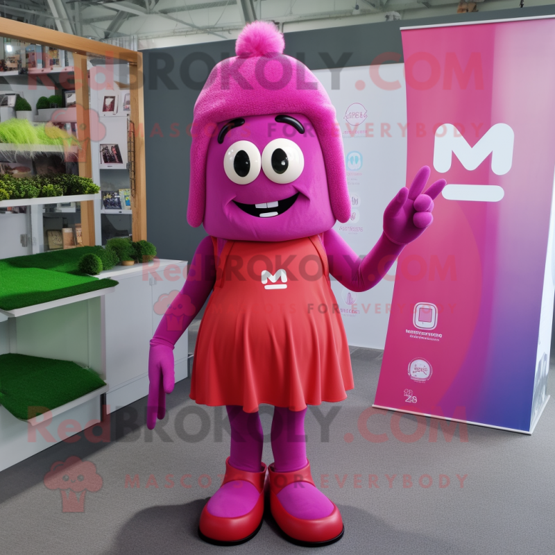 Magenta Aglet mascot costume character dressed with a Midi Dress and Backpacks Magenta Aglet mascot costume character dressed with a Midi Dress and Backpacks