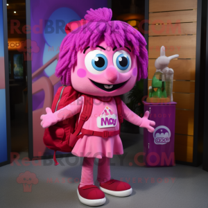Magenta Aglet mascot costume character dressed with a Midi Dress and Backpacks