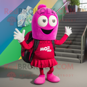 Magenta Aglet mascot costume character dressed with a Midi Dress and Backpacks