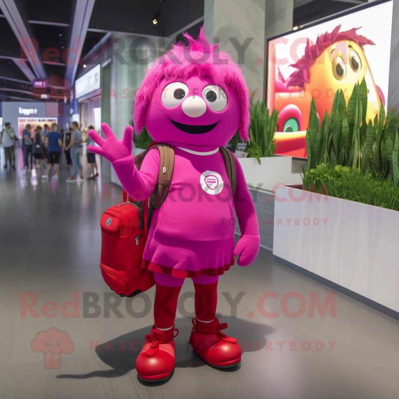 Magenta Aglet mascot costume character dressed with a Midi Dress and Backpacks