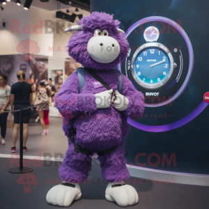 Purple Merino Sheep mascot costume character dressed with a Tank Top and Smartwatches