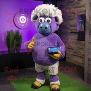 Purple Merino Sheep mascot costume character dressed with a Tank Top and Smartwatches
