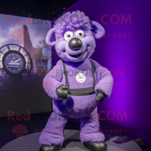 Purple Merino Sheep mascot costume character dressed with a Tank Top and Smartwatches