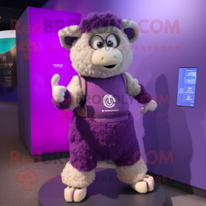 Purple Merino Sheep mascot costume character dressed with a Tank Top and Smartwatches