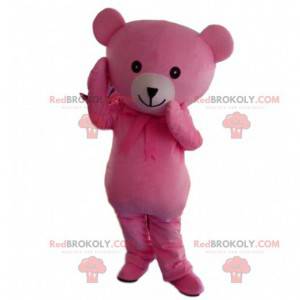 Mascotte de nounours rose et blanc, costume d'ours rose -