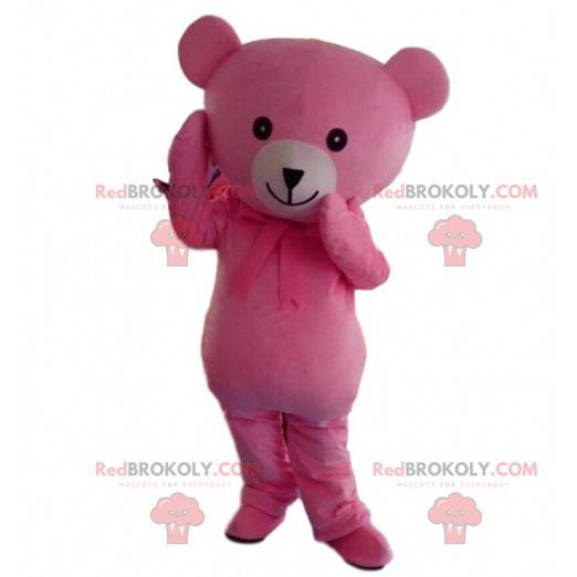 Pink and white teddy bear mascot, pink bear costume -