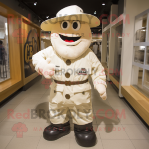 Cream Cowboy mascot costume character dressed with a Parka and Caps