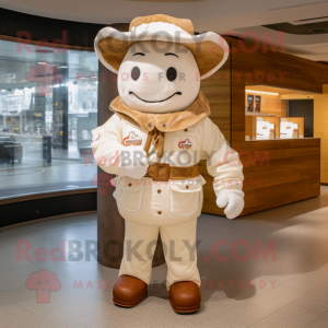 Cream Cowboy mascot costume character dressed with a Parka and Caps