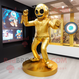 Gold Contortionist mascot costume character dressed with a Jacket and Smartwatches