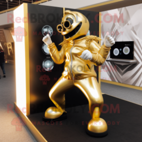 Gold Contortionist mascot costume character dressed with a Jacket and Smartwatches