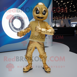 Gold Contortionist mascot costume character dressed with a Jacket and Smartwatches