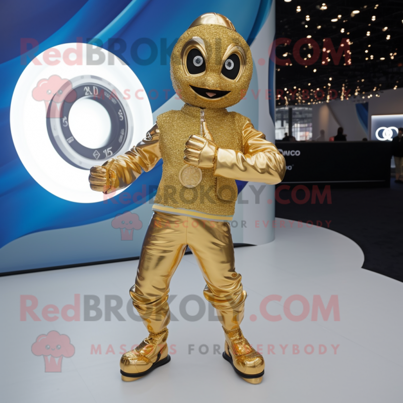 Gold Contortionist mascot costume character dressed with a Jacket and Smartwatches