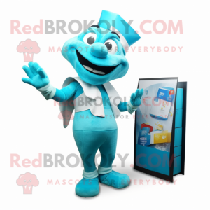 Cyan Acrobat mascot costume character dressed with a Dress and Wallets