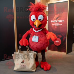 Red Harpy mascot costume character dressed with a Henley Tee and Tote bags