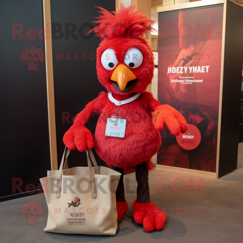 Red Harpy mascot costume character dressed with a Henley Tee and Tote bags Red Harpy mascot costume character dressed with a Henley Tee and Tote bags