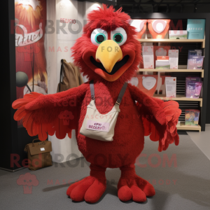 Red Harpy mascot costume character dressed with a Henley Tee and Tote bags