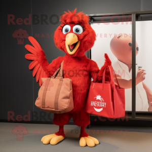 Red Harpy mascot costume character dressed with a Henley Tee and Tote bags