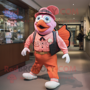 Pink Clown Fish mascot costume character dressed with a Oxford Shirt and Coin purses