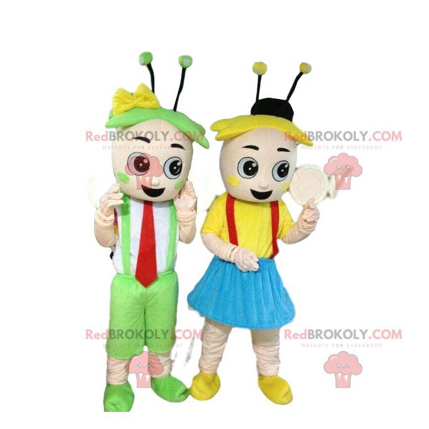 Menino e menina mascotes, fantasias de primavera -