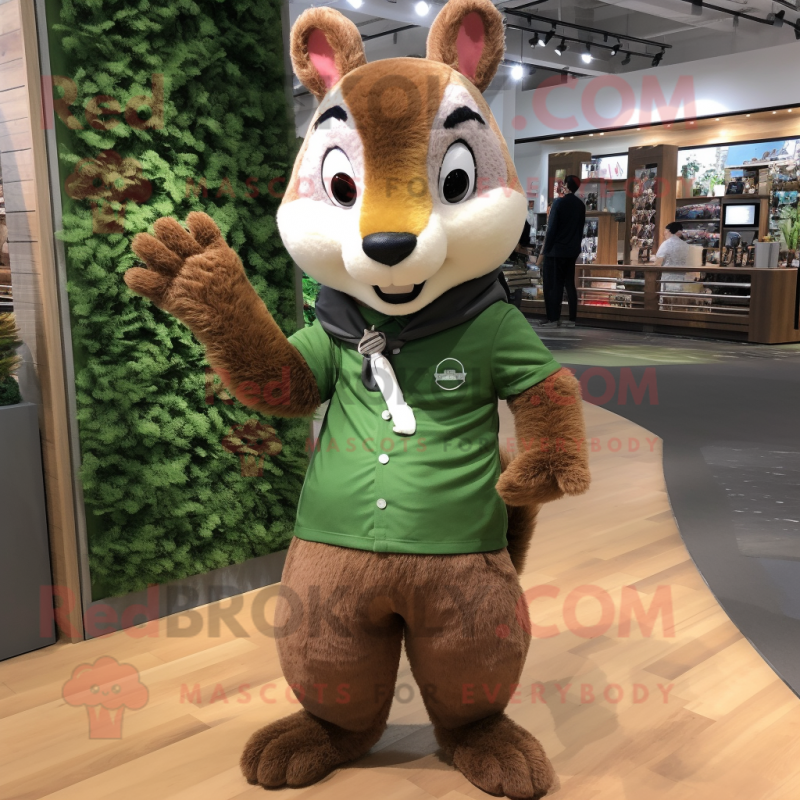 Forest Green Squirrel mascot costume character dressed with a Henley Shirt and Bracelets