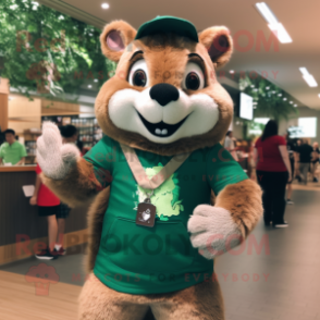 Forest Green Squirrel mascot costume character dressed with a Henley Shirt and Bracelets