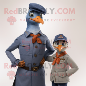 Navy Passenger Pigeon mascot costume character dressed with a Mom Jeans and Brooches