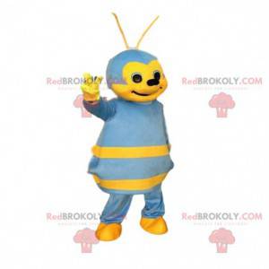 Blue and yellow bee mascot, colorful insect costume -