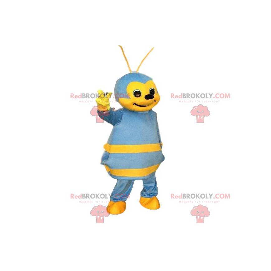 Mascotte d'abeille bleue et jaune, costume d'insecte coloré -