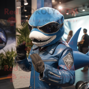Blue Shark mascot costume character dressed with a Moto Jacket and Earrings