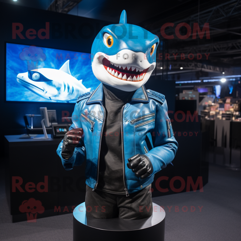 Blue Shark mascot costume character dressed with a Moto Jacket and Earrings