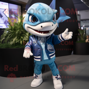 Blue Shark mascot costume character dressed with a Moto Jacket and Earrings