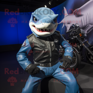 Blue Shark mascot costume character dressed with a Moto Jacket and Earrings