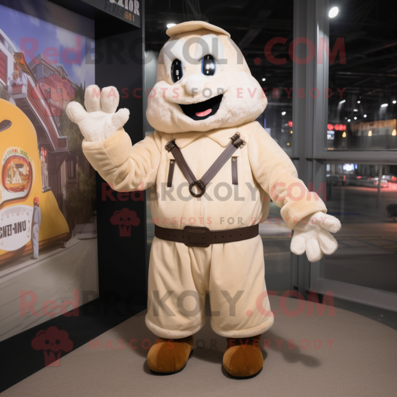 Cream Scarecrow mascot costume character dressed with a Bomber Jacket and Mittens