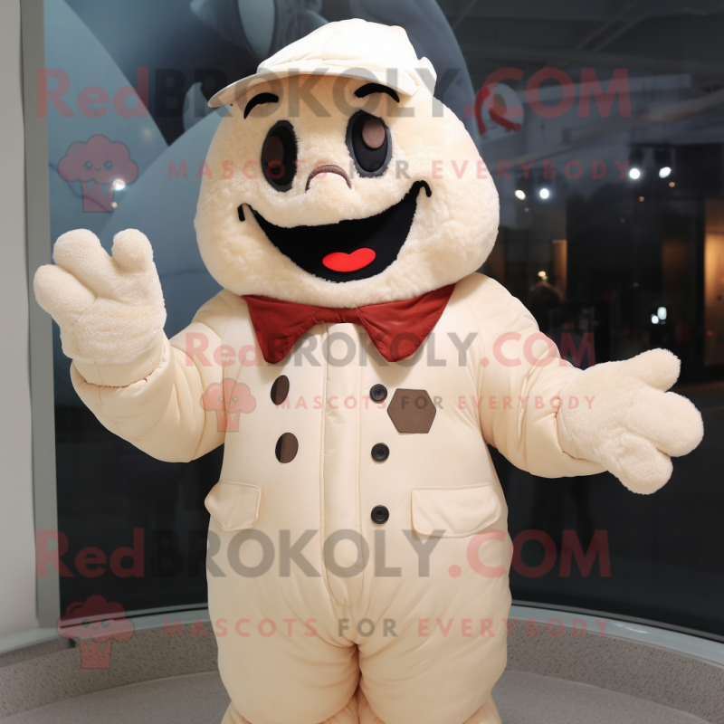 Cream Scarecrow mascot costume character dressed with a Bomber Jacket and Mittens