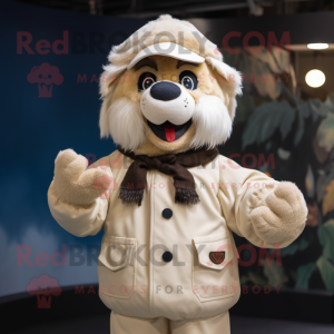 Cream Scarecrow mascot costume character dressed with a Bomber Jacket and Mittens