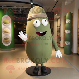 Olive Human Cannon Ball mascot costume character dressed with a Sweatshirt and Cummerbunds