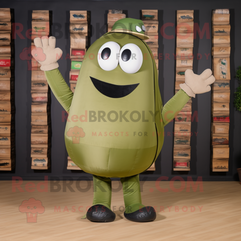 Olive Human Cannon Ball mascot costume character dressed with a Sweatshirt and Cummerbunds Olive Human Cannon Ball mascot costume character dressed with a Sweatshirt and Cummerbunds