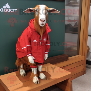 Red Boer Goat mascot costume character dressed with a Windbreaker and Anklets
