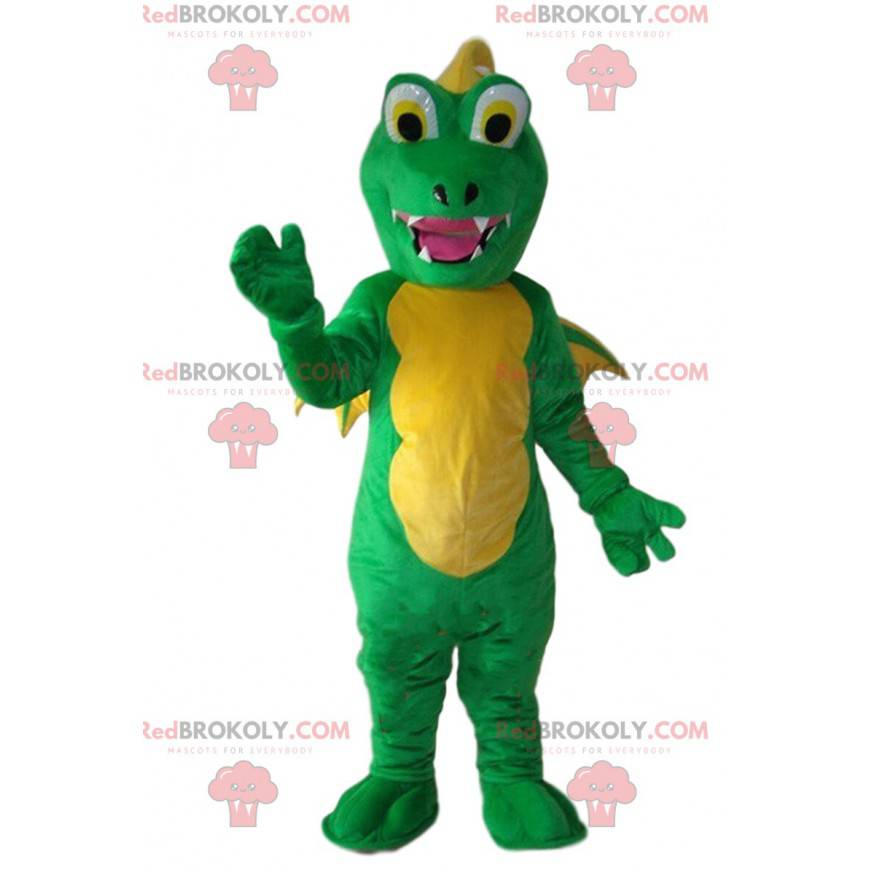 Groene en gele draak mascotte, groen dinosauruskostuum -