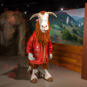 Red Boer Goat mascot costume character dressed with a Windbreaker and Anklets