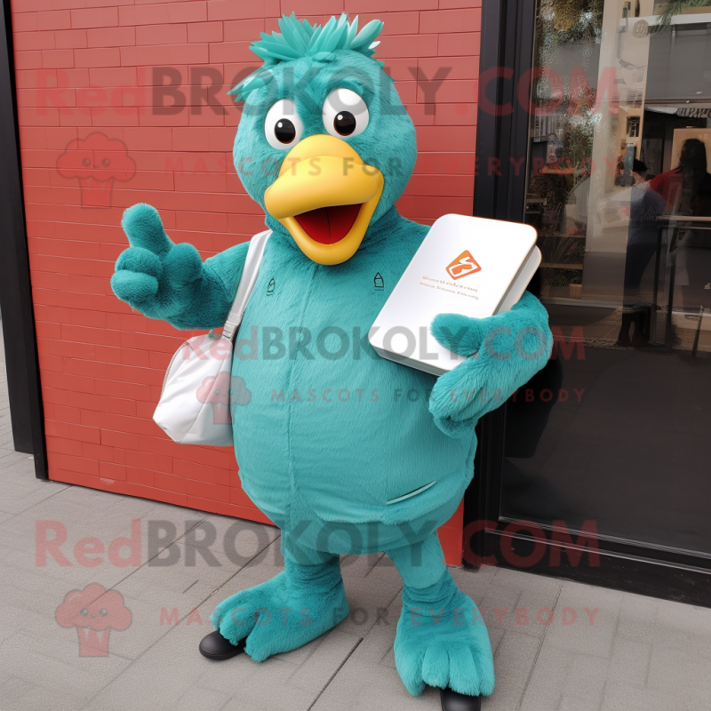 Teal Chicken Parmesan mascot costume character dressed with a Long Sleeve Tee and Wallets