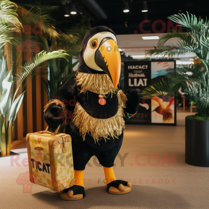 Gold Toucan mascot costume character dressed with a Playsuit and Tote bags