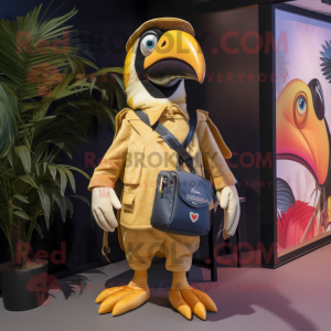 Gold Toucan mascot costume character dressed with a Playsuit and Tote bags