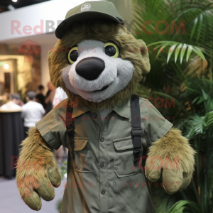 Olive Sloth Bear mascot costume character dressed with a Overalls and Beanies