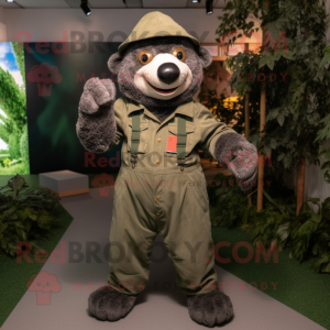 Olive Sloth Bear mascot costume character dressed with a Overalls and Beanies