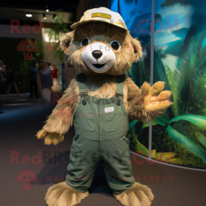 Olive Sloth Bear mascot costume character dressed with a Overalls and Beanies