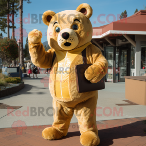 Gold Bear mascot costume character dressed with a Corduroy Pants and Wallets
