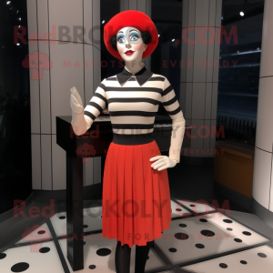 Red Mime mascot costume character dressed with a Pencil Skirt and Caps