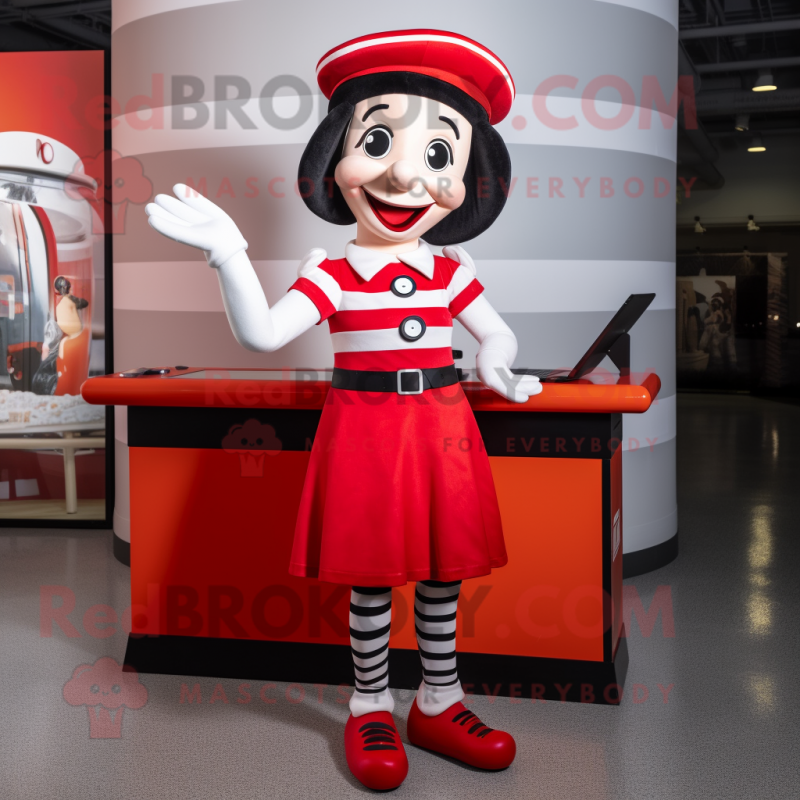 Red Mime mascot costume character dressed with a Pencil Skirt and Caps